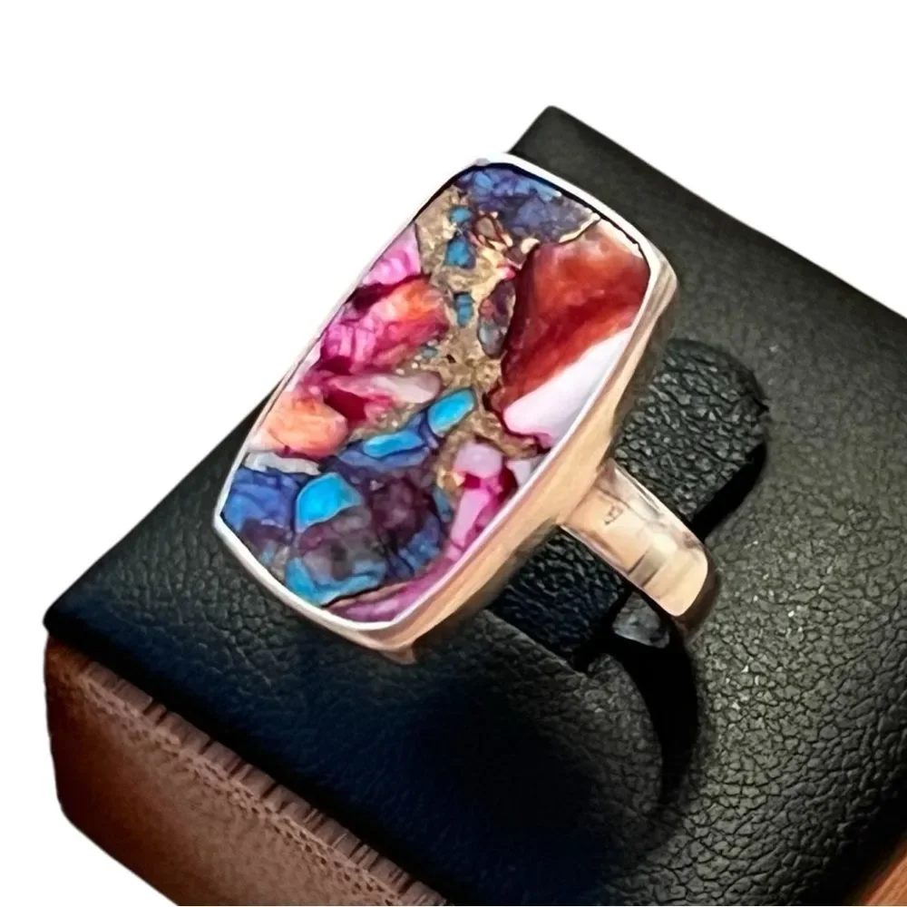 925 Sterling Silver Pink Dahlia Blue Turquoise Copper Inlaid Ring Size 7